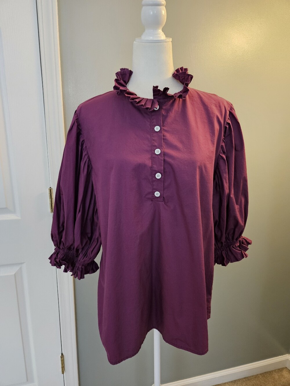 Ruffled Collar Puff Sleeve Blouse - Plum Women's Size 2XL
